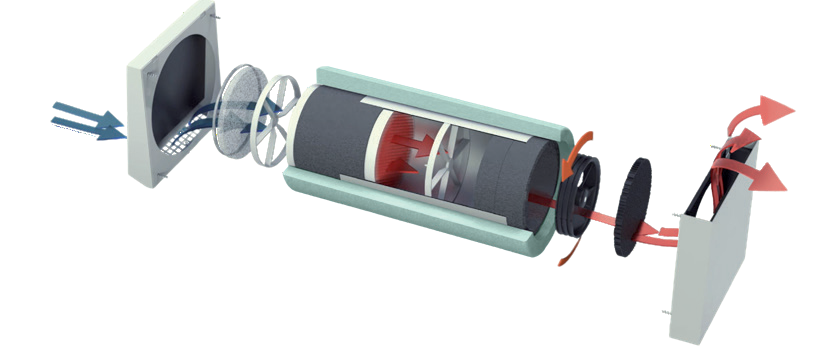 Exploded AIRUNIT decentralised heat recovery ventilation system showing external wall components and airflow